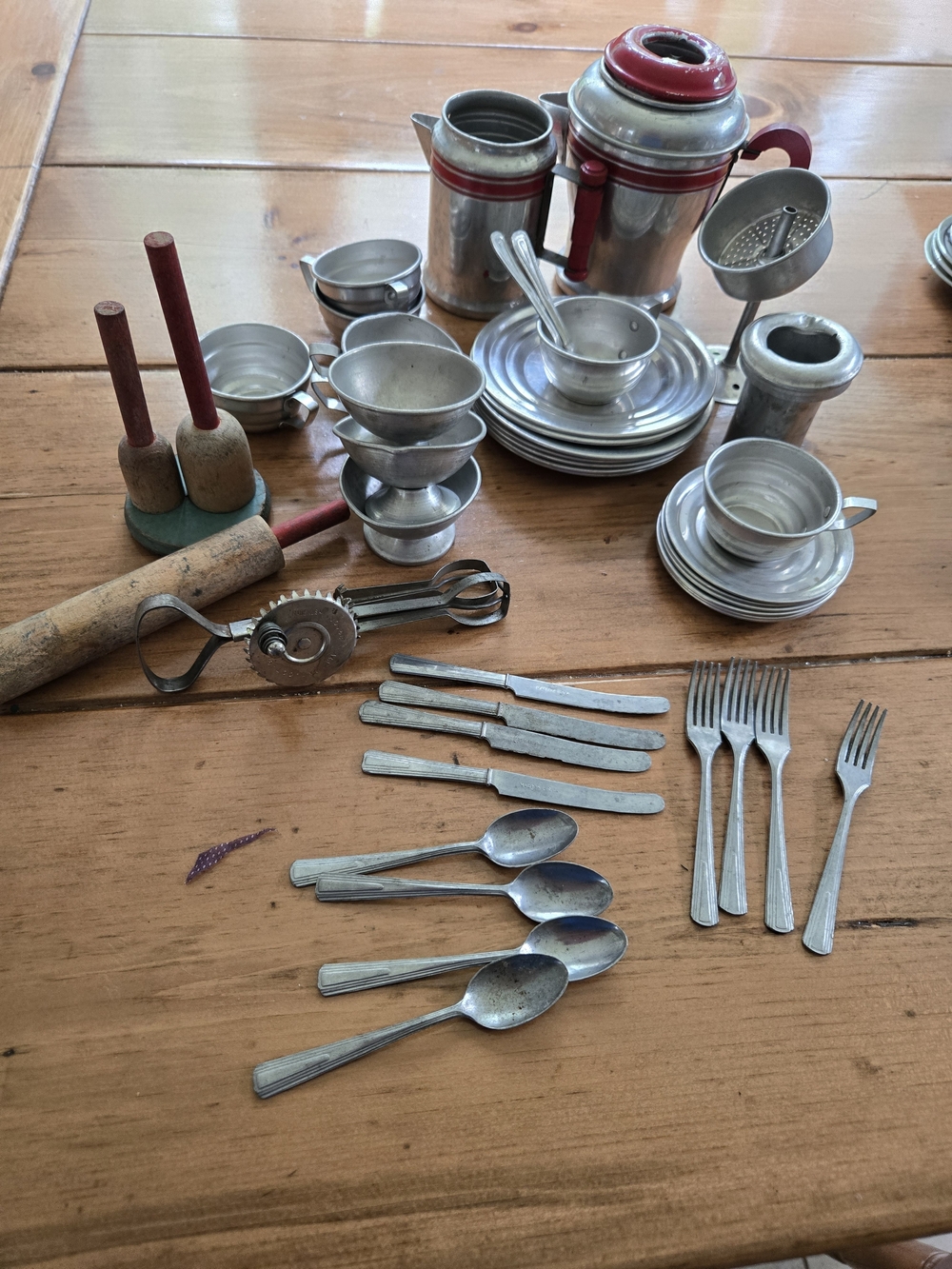 Antique 1940 ,50 Made USA, Toy Tin Kitchen Playset - Silver with Red Accents